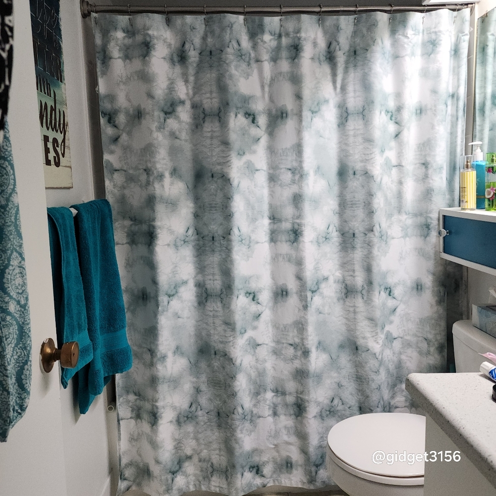 NWOT  MARBLED TEAL & WHITE THICK DENIM FABRIC SHOWER CURTAIN  - SIZE 71" X 74"